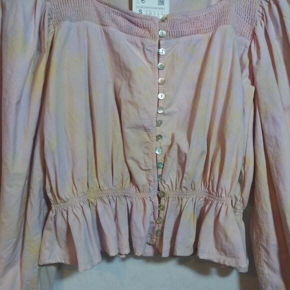 Zara Pink Tie Dye Puff Sleeve Button-Up Women's Blouse Crop Top Size Small - Picture 4 of 12